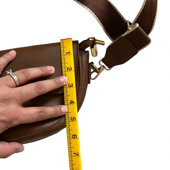 Vegan Leather Crescent Shoulder handbag with Adjustable Guitar Strap Brown - Picture 8 of 10